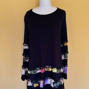 Desigual Black Knit Dress with Floral Bands and Bell Sleeves